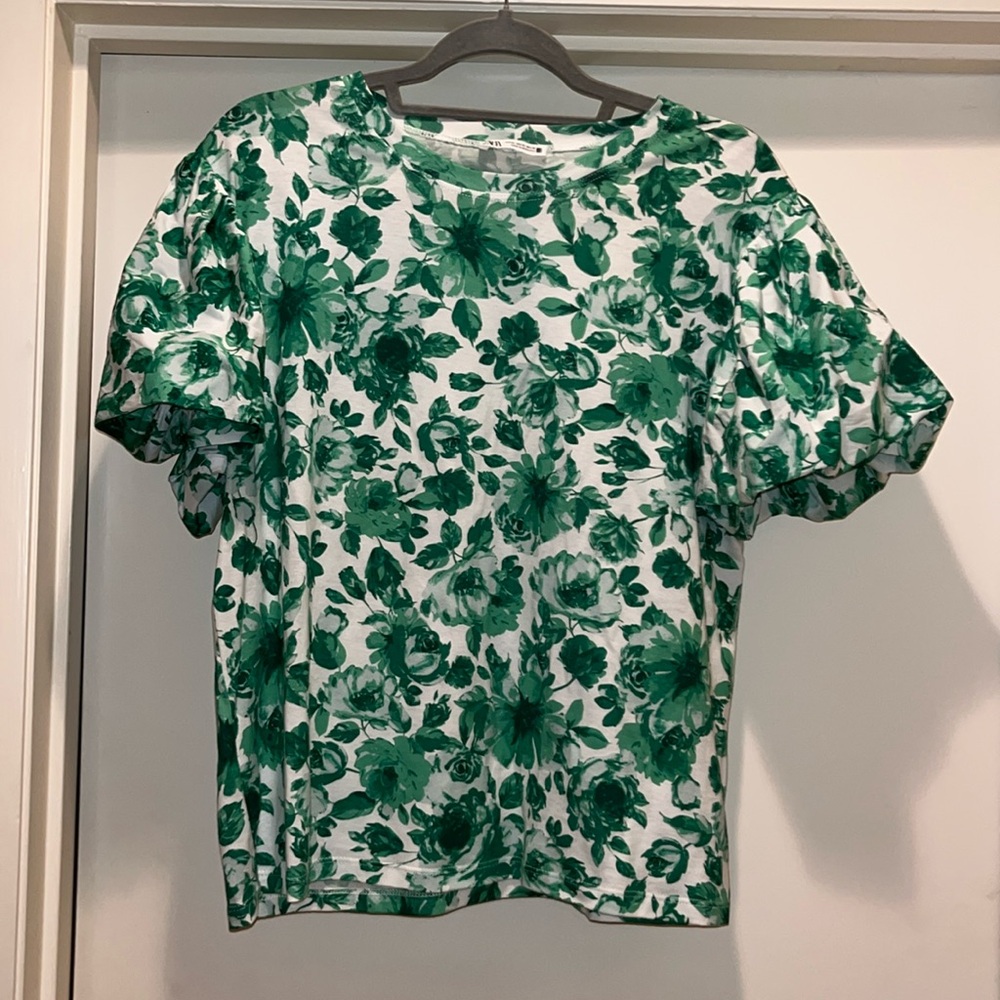 Zara green floral puff sleeve top XL